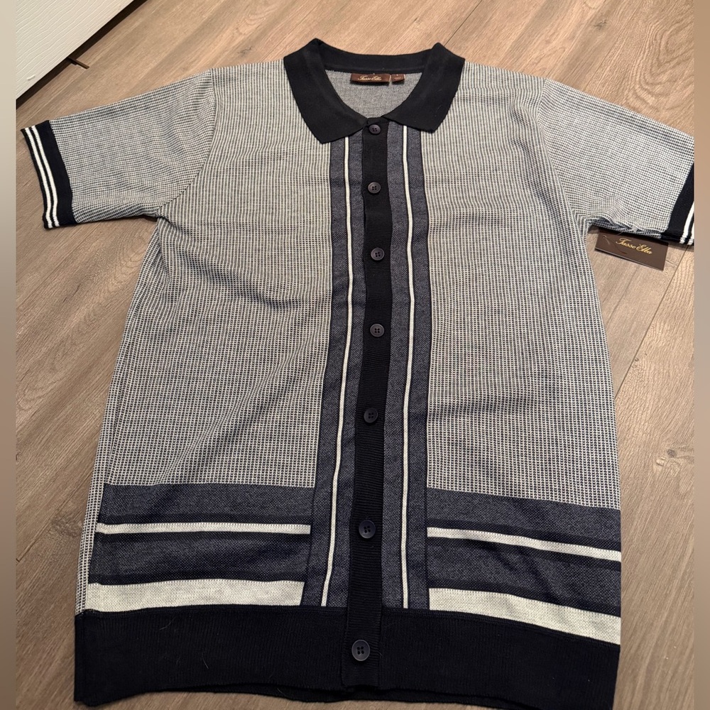 Tasso Elba Black and Light Gray Striped Polo Cardigan